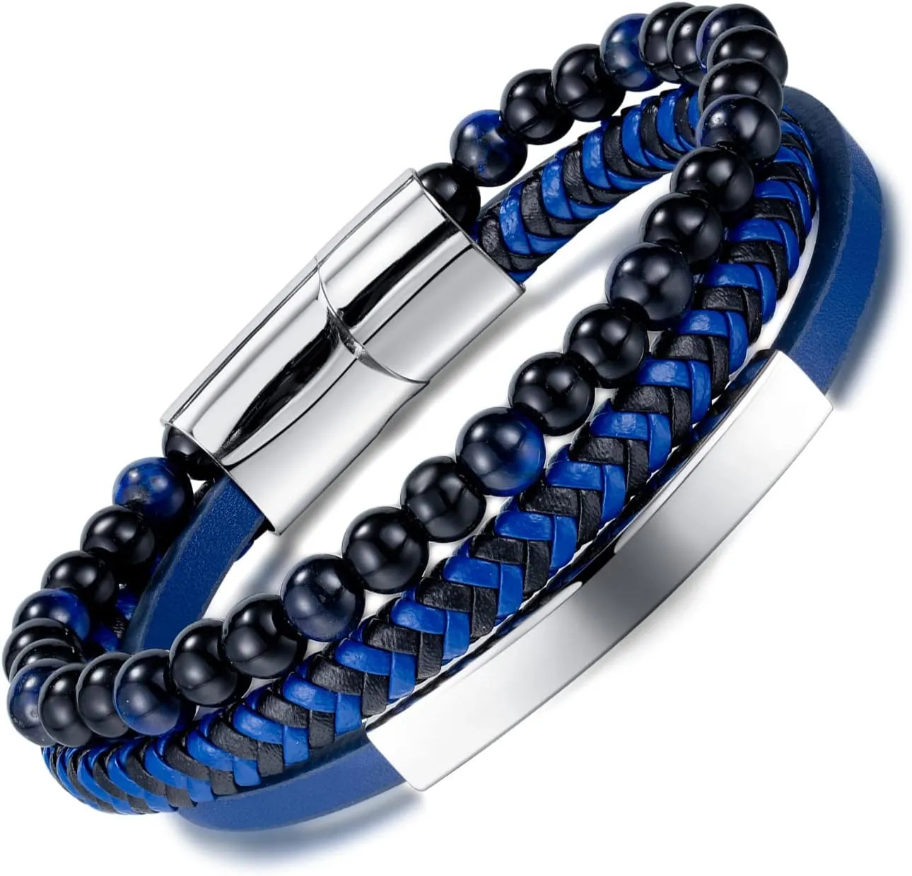 Eternal Beauty - Multi-Layered Beaded Bracelet with Stainless Steel Handmade Woven Leather Bracelet, Blue-Black Weaving Combined to Create Elegant Style