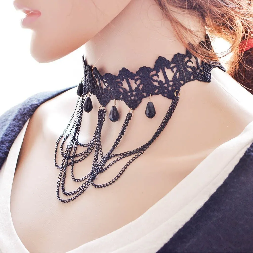ETERNITY J. Elegant Vintage Princess Black Lace Gothic Statement Necklace Bracelet Victorian Choker Pendant Vampire Chain