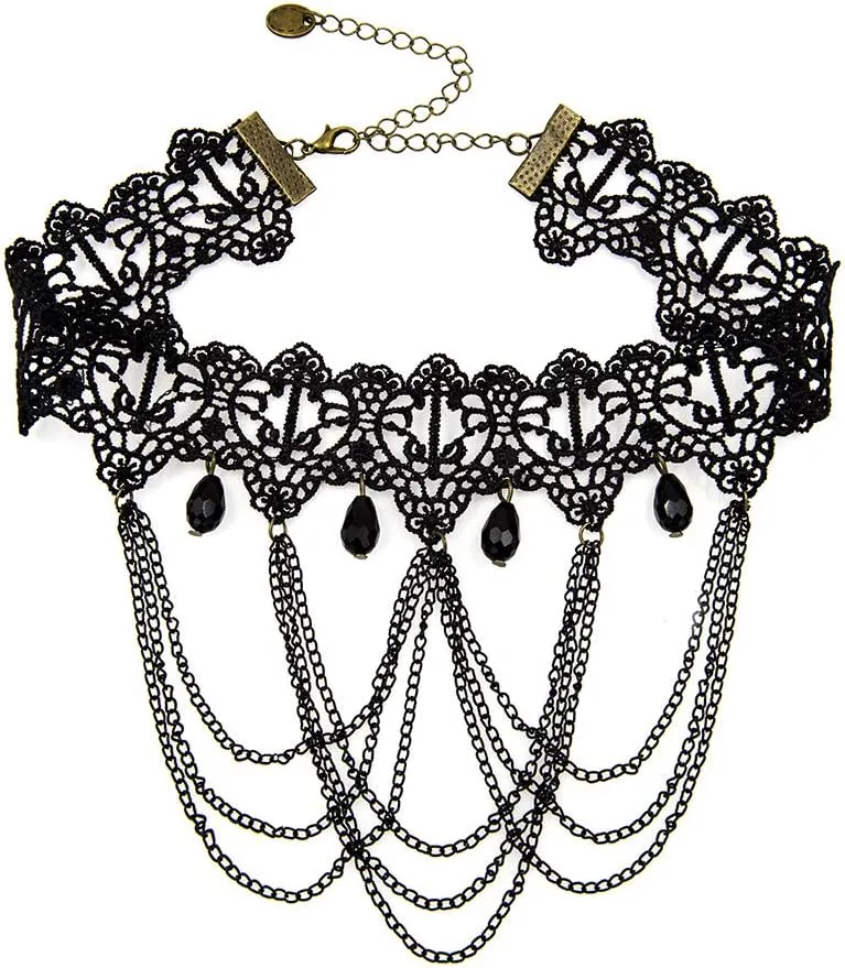 ETERNITY J. Elegant Vintage Princess Black Lace Gothic Statement Necklace Bracelet Victorian Choker Pendant Vampire Chain