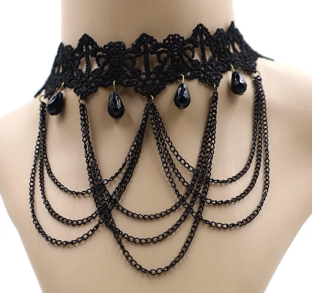 ETERNITY J. Elegant Vintage Princess Black Lace Gothic Statement Necklace Bracelet Victorian Choker Pendant Vampire Chain