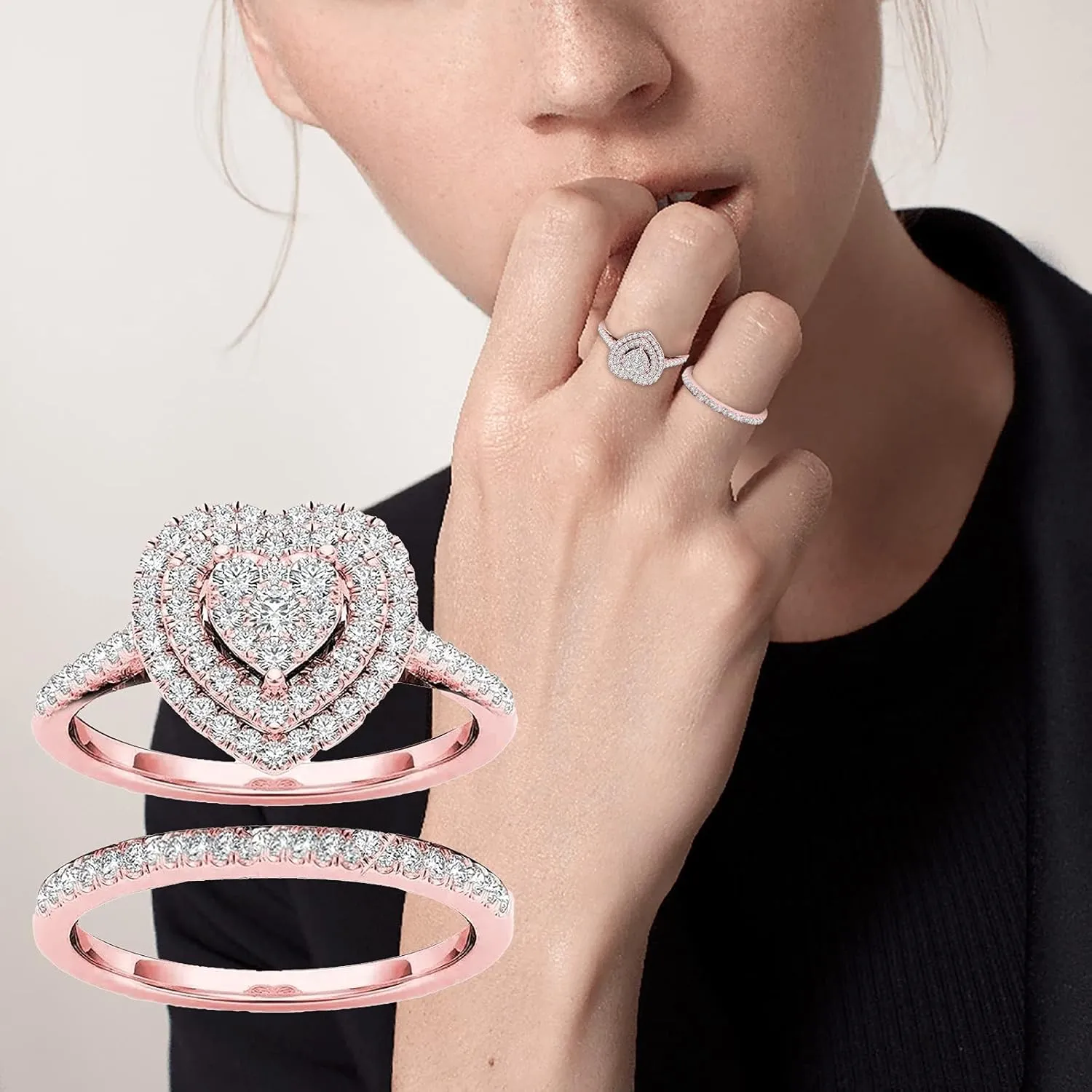 Exquisite Ring Set Love Rings Women Gold Crystal Love Heart Shaped Ring Bridal Wedding Jewelry for Valentine's Day