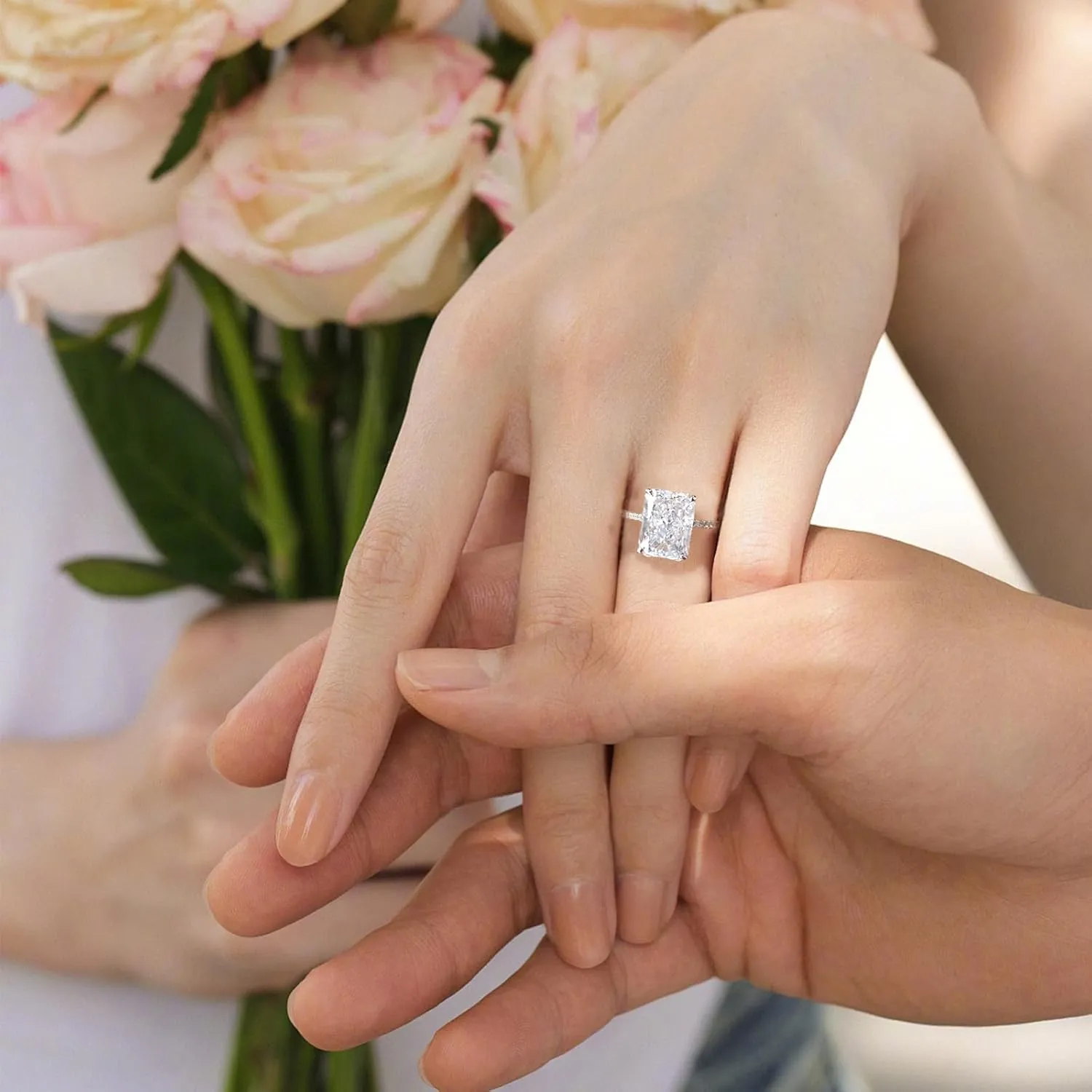 Fake Engagement Rings for Women Engagement Rings Jewelry for Brides Silver CZ Engagement Rings Travel Rings Solitaire Cubic Zirconia Engagement Rings Square Halo Engagement Ring