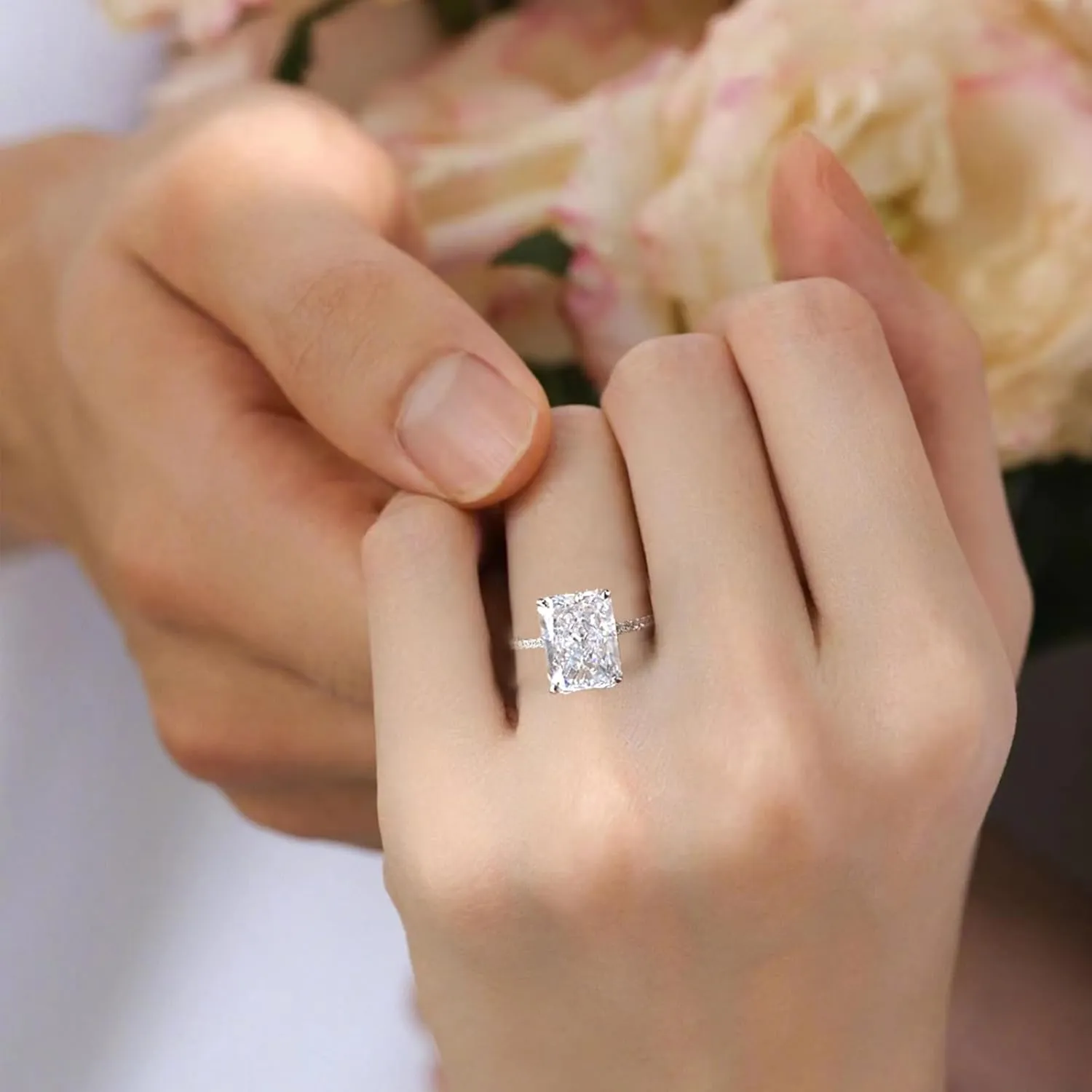 Fake Engagement Rings for Women Engagement Rings Jewelry for Brides Silver CZ Engagement Rings Travel Rings Solitaire Cubic Zirconia Engagement Rings Square Halo Engagement Ring