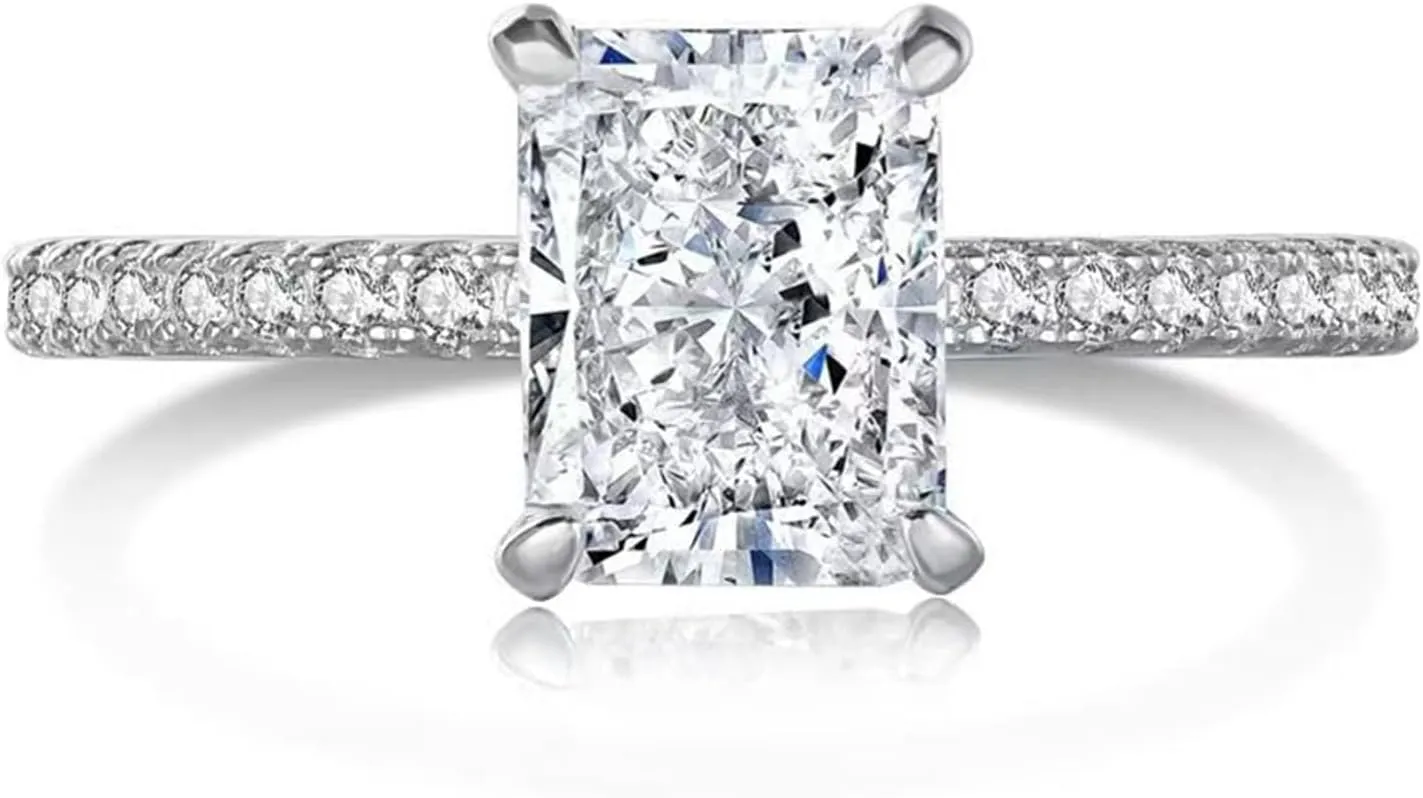 Fake Engagement Rings for Women Engagement Rings Jewelry for Brides Silver CZ Engagement Rings Travel Rings Solitaire Cubic Zirconia Engagement Rings Square Halo Engagement Ring