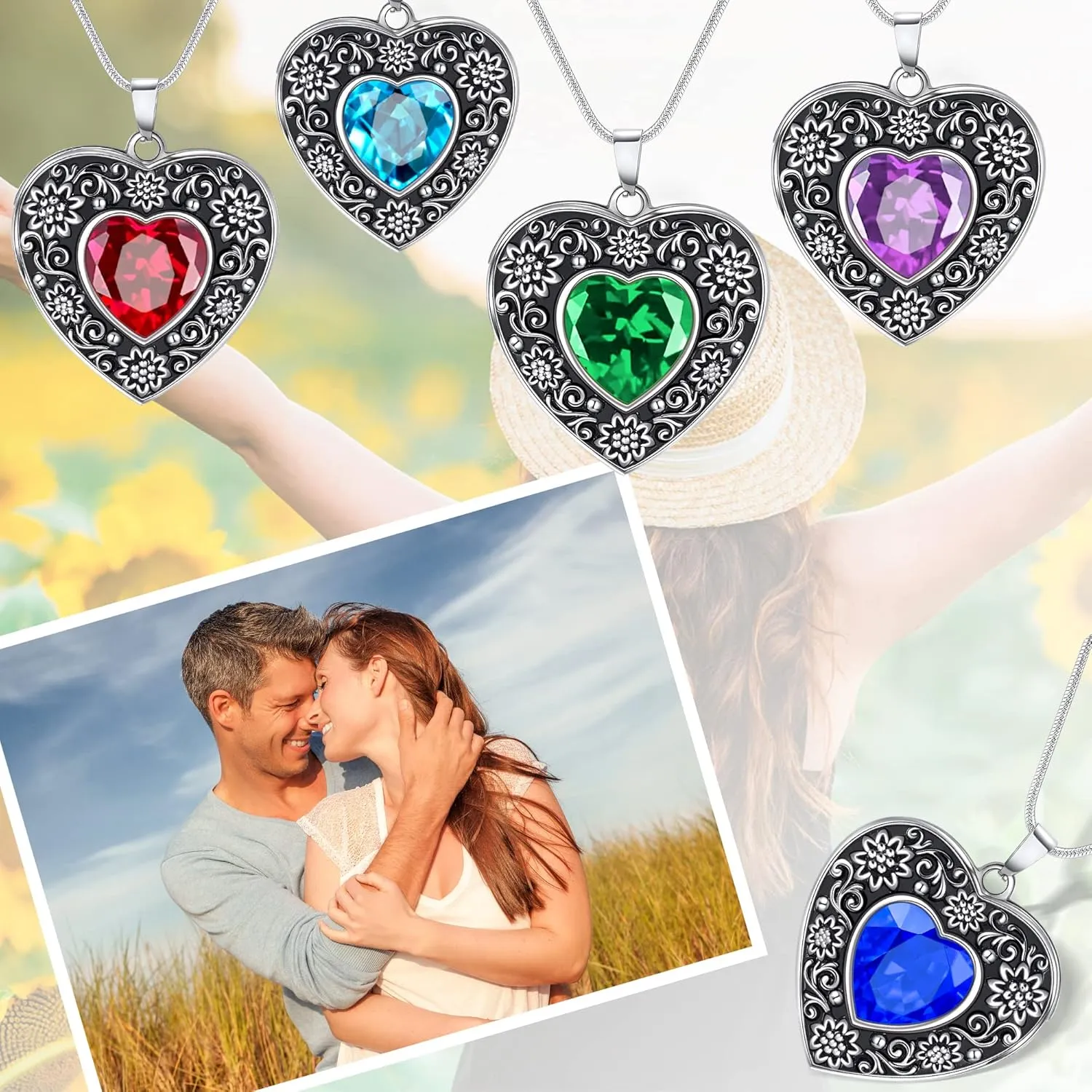Fanery Sue Locket Necklace for Women, Heart Locket Silver Lockets Rose Sunflower Necklaces Custom Picture Pendant Jewerly Memorial Gifts for Mom Daughter