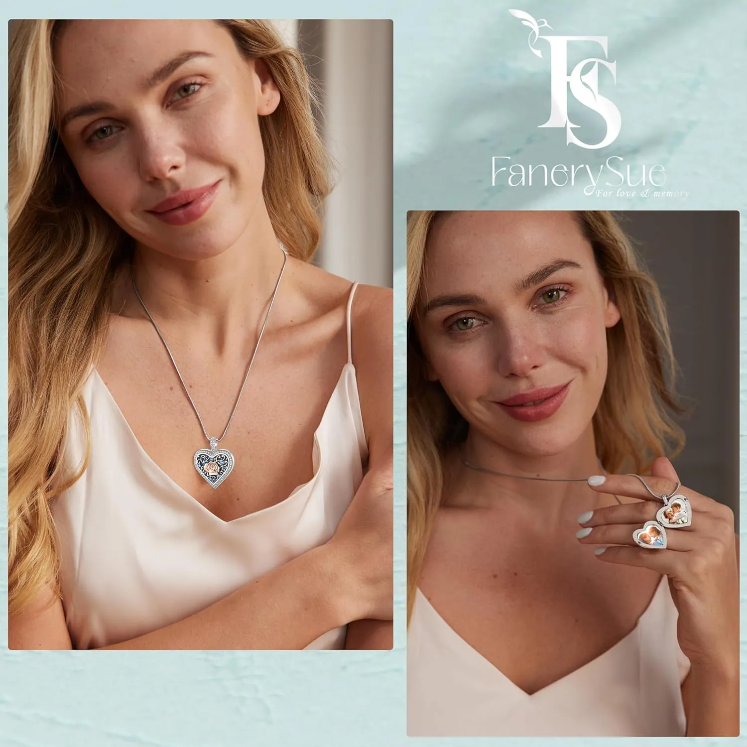 Fanery Sue Locket Necklace for Women, Heart Lockets Picture Pendant Necklaces Jewelry Memory Gifts for Women