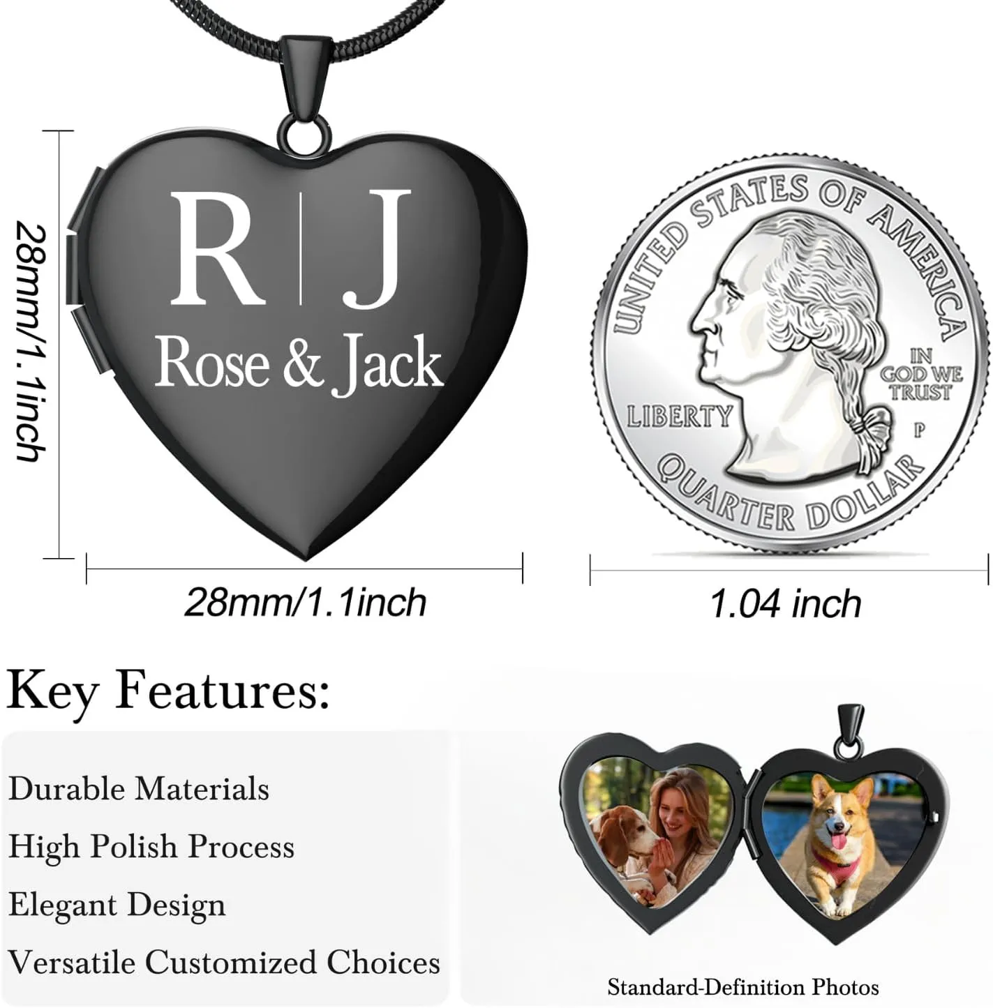 Fanery Sue Personalized Heart Locket Necklace That Holds Pictures, Customized Locket Necklace with Photos Inside, Silver Gold Memorial Jewelry Mothers Day Gifts for Women