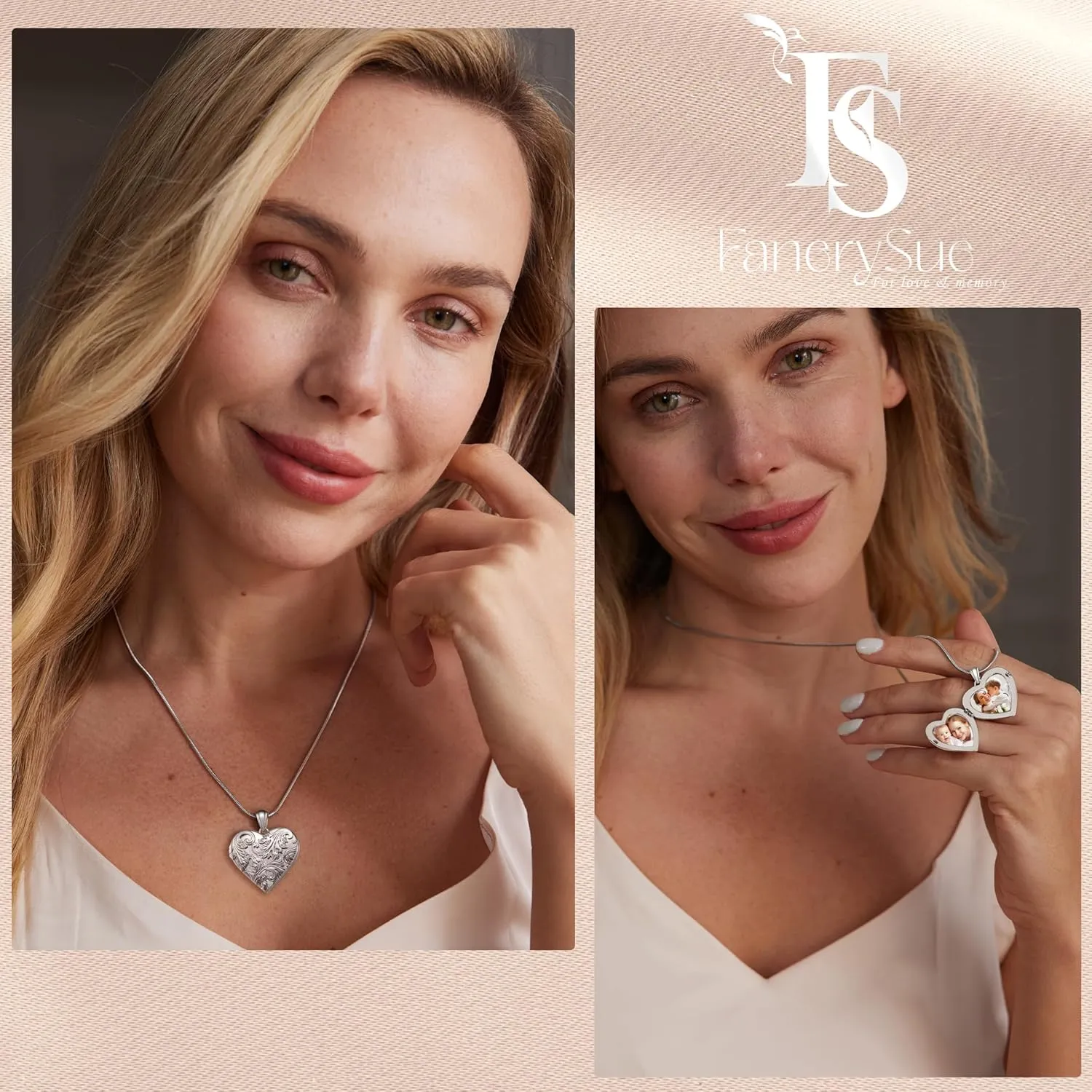 Fanery Sue Personalized Vintage Locket Necklace that Holds Pictures, Customized Picture Lockets Personalized Heart Locket Photo Memorial Jewelry Mothers Day Gifts for Women