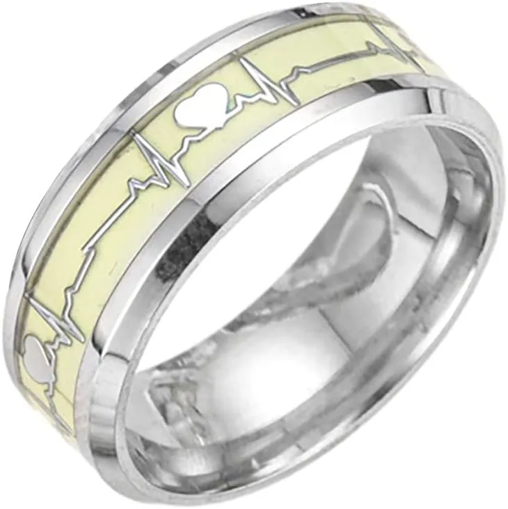 Fashion Glow Luminous Rings Stainless Steel Rings For Women, Heart Glow In The Dark Promise Heartbeat Rings For