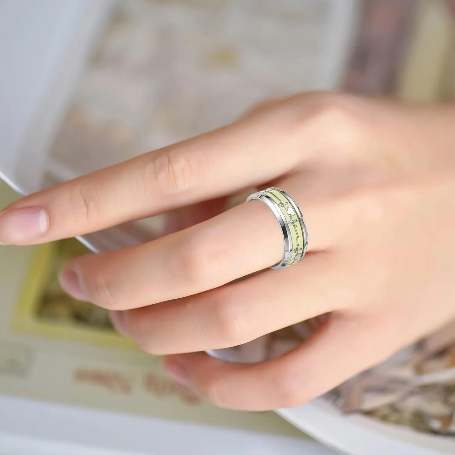 Fashion Glow Luminous Rings Stainless Steel Rings For Women, Heart Glow In The Dark Promise Heartbeat Rings For
