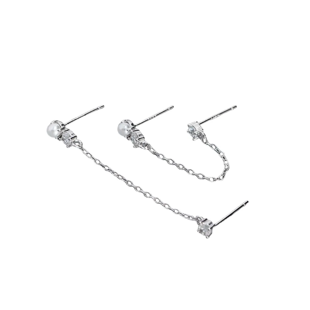 Fashion Jewelry 925 Sterling Silver Long Tassel Chain Small Pearl Zircon Gold Plated Stud Earrings for Women (silver)