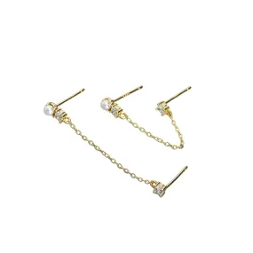 Fashion Jewelry 925 Sterling Silver Long Tassel Chain Small Pearl Zircon Gold Plated Stud Earrings for Women (silver)
