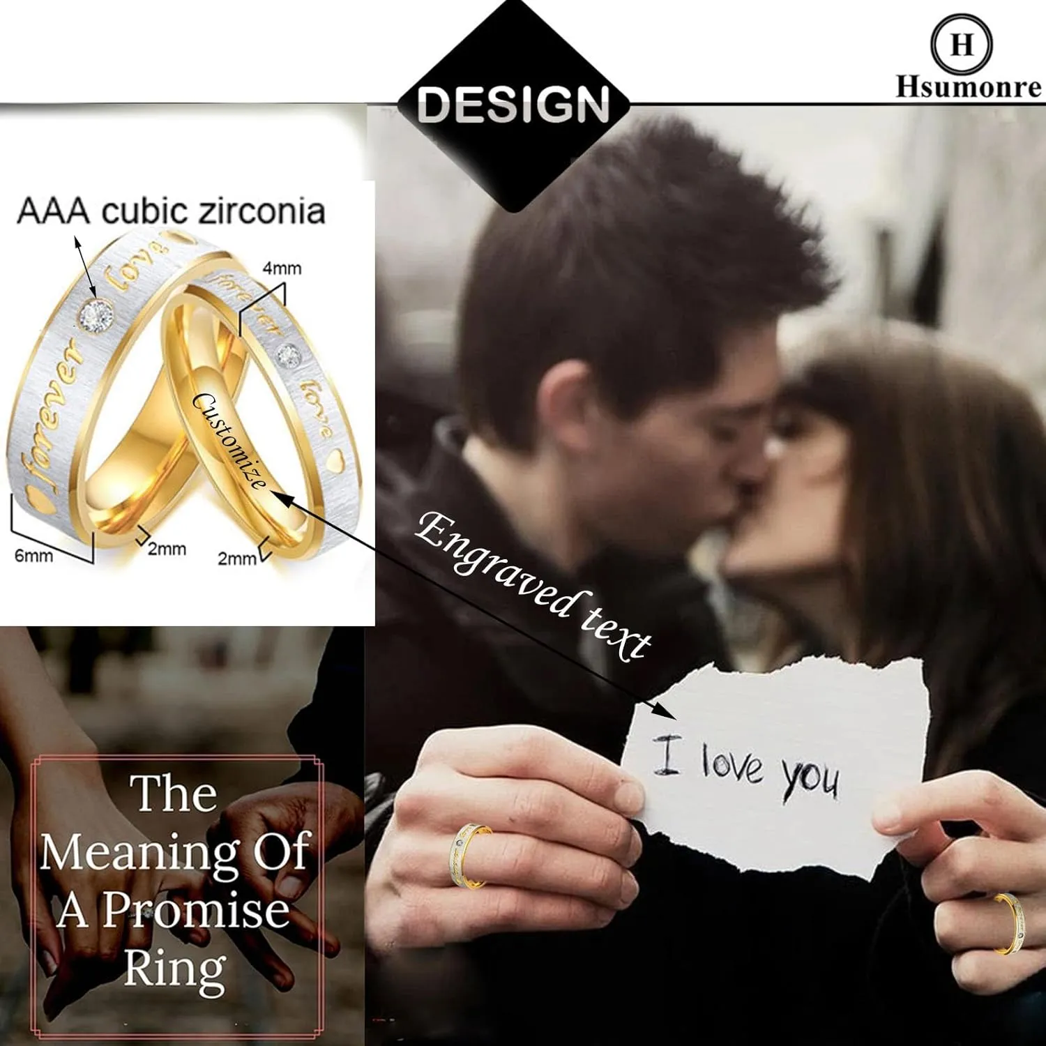 Forever Love Couple Rings Cubic Zirconia Engraved Promise Rings Wedding Bands Engagement Gifts Titanium Stainless Steel Golden
