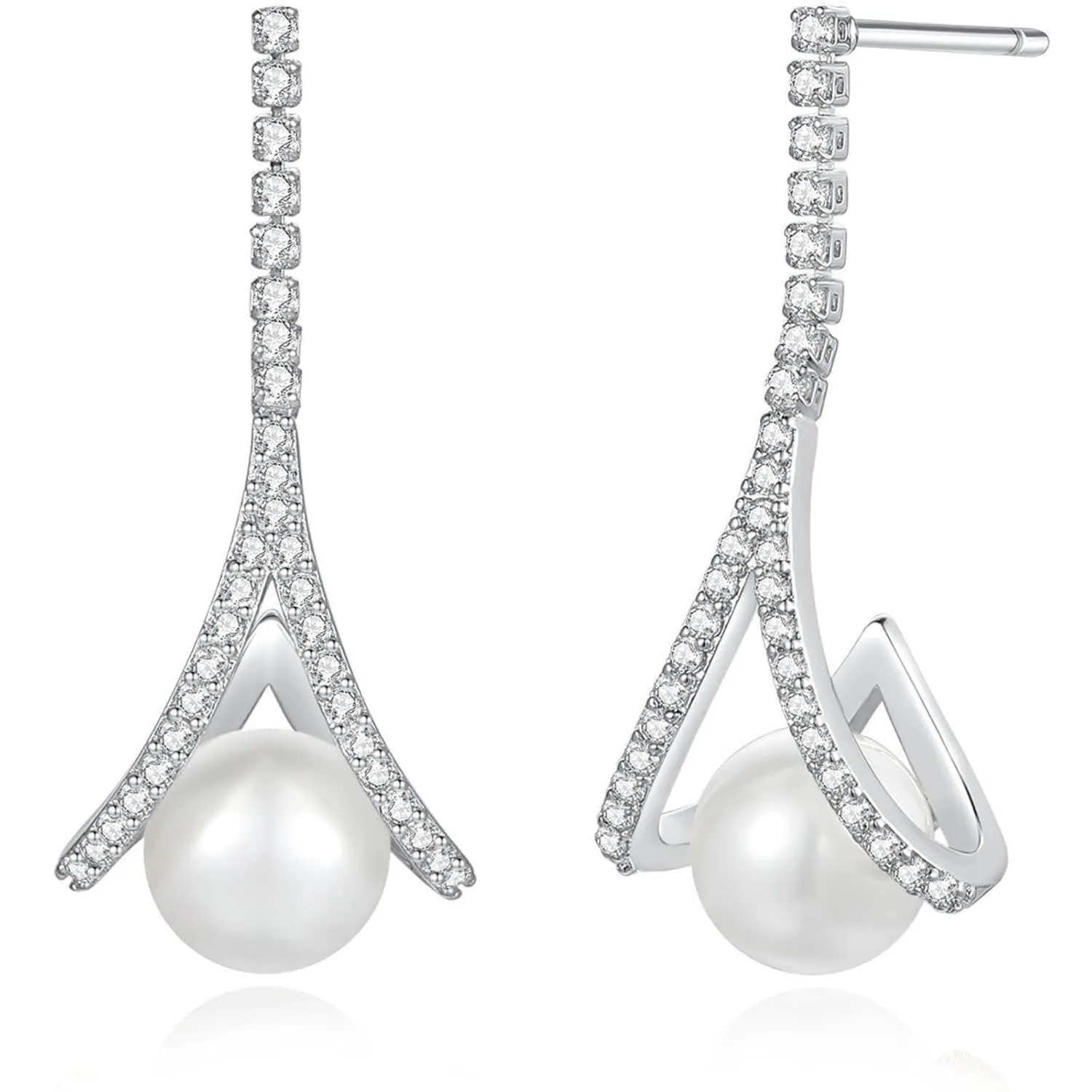 Freshwater Pearl Drop Earrings, 14k Gold Earrings for Women Trendy Pearl Earrings for Women 925 Sterling Silver Pearl Dangle Earrings Cubic Zirconia Hypoallergenic Wedding Earrings (Silver)
