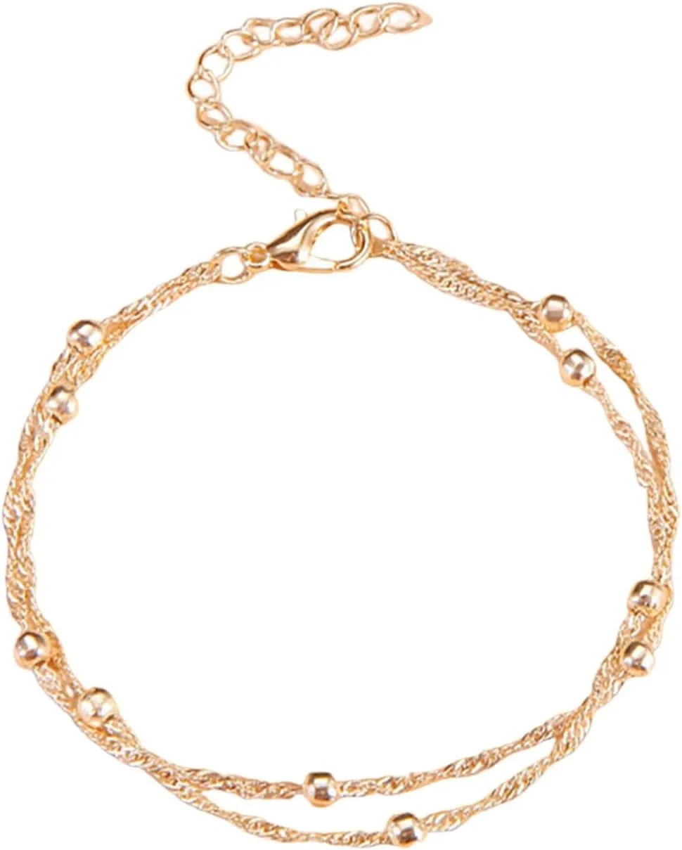 Friendship Bracelet Cord Satellite Chain Foot Jewelry With Wave Pattern And Double Layered Bead Pearl (A, One Size), gJUtJ97uM