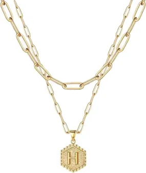 FTKV- 14K initial necklaces for women- Cute Hexagonal Letters initial Women's Necklace- Gold Multi Layers Necklace- Women's Jewellery Gifts
