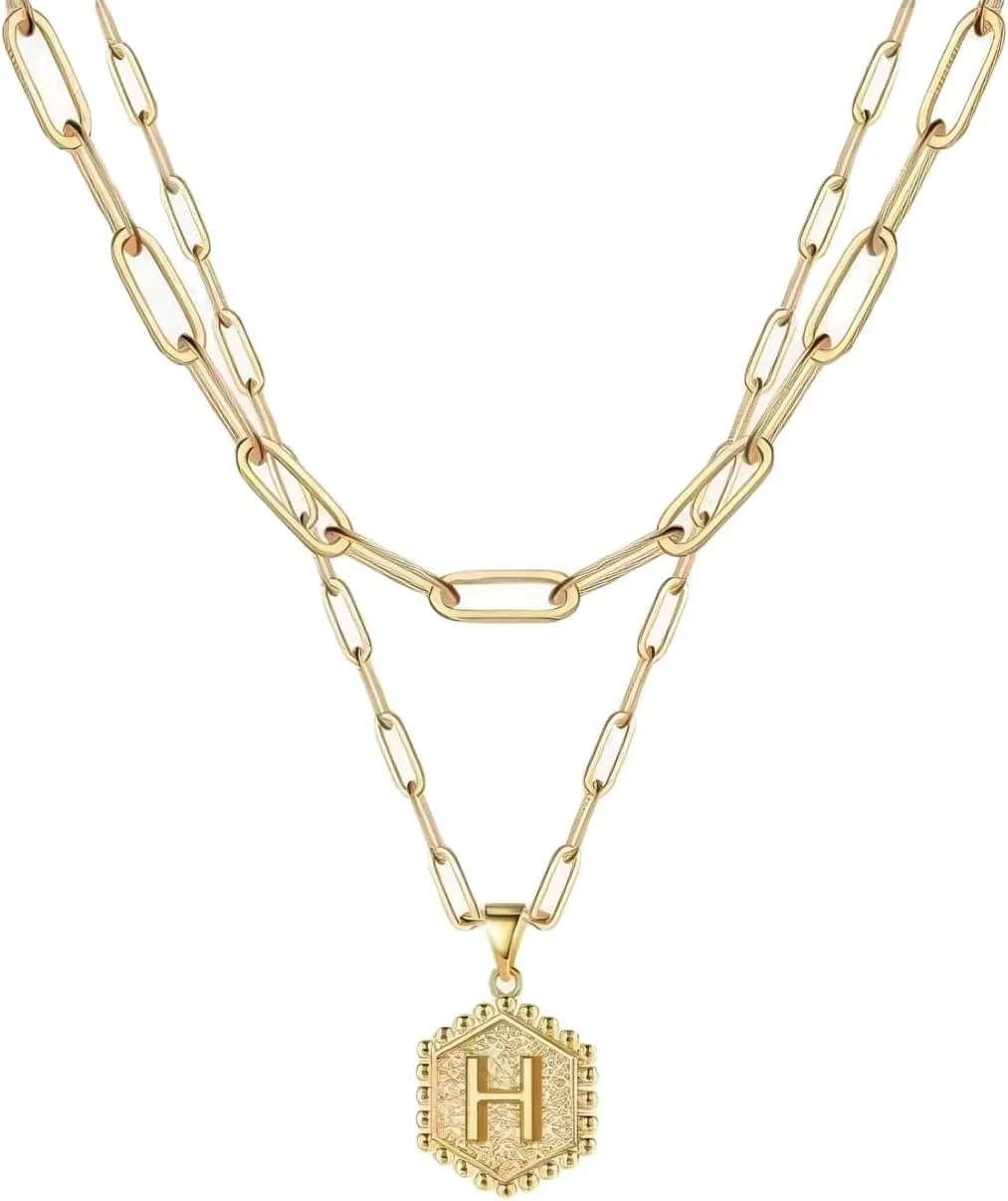FTKV- 14K initial necklaces for women- Cute Hexagonal Letters initial Women's Necklace- Gold Multi Layers Necklace- Women's Jewellery Gifts