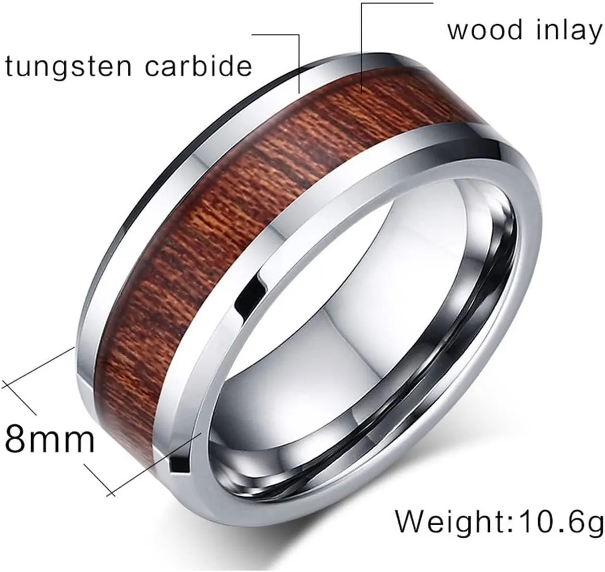 Funny Engagement Ring, Vintage Engagement Rings for Men 8mm Band Ring Wood Inlay Tungsten Carbide