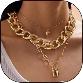 FUTIMELY Layered Lock Chain Pendant Necklace Set for Women Silver Paperclip Link Choker Necklaces Punk Stackable Necklaces Jewelry Accessories