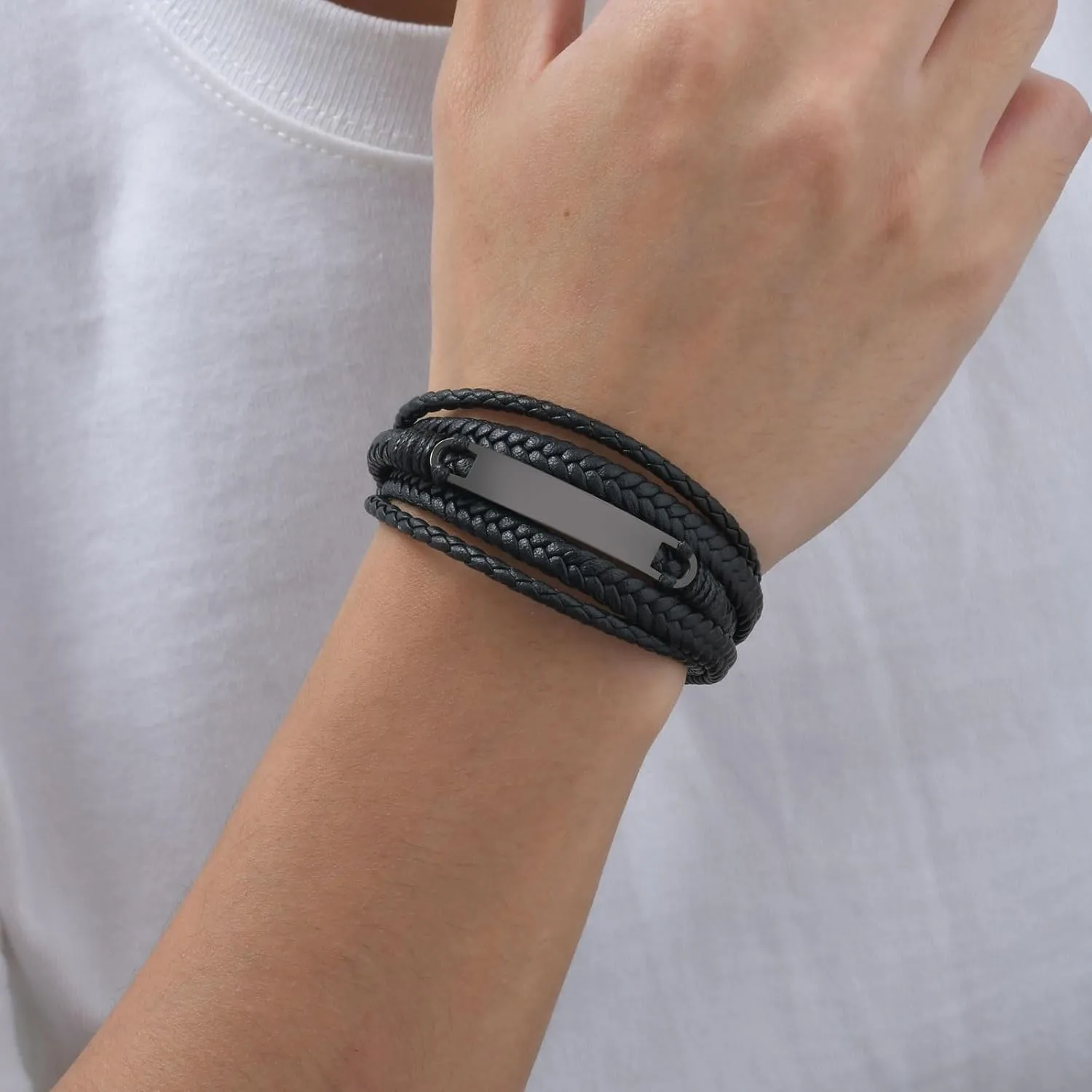 Gamtic Personalized Mens Leather Bracelet - Multi-Layer Braided Black Leather Custom Bracelets with Clasp Stainless Steel Curved Plate Jewelry Gift for Him Dad Husband Boyfriend Brother