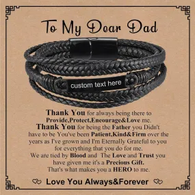Gamtic Personalized Mens Leather Bracelet - Multi-Layer Braided Black Leather Custom Bracelets with Clasp Stainless Steel Curved Plate Jewelry Gift for Him Dad Husband Boyfriend Brother