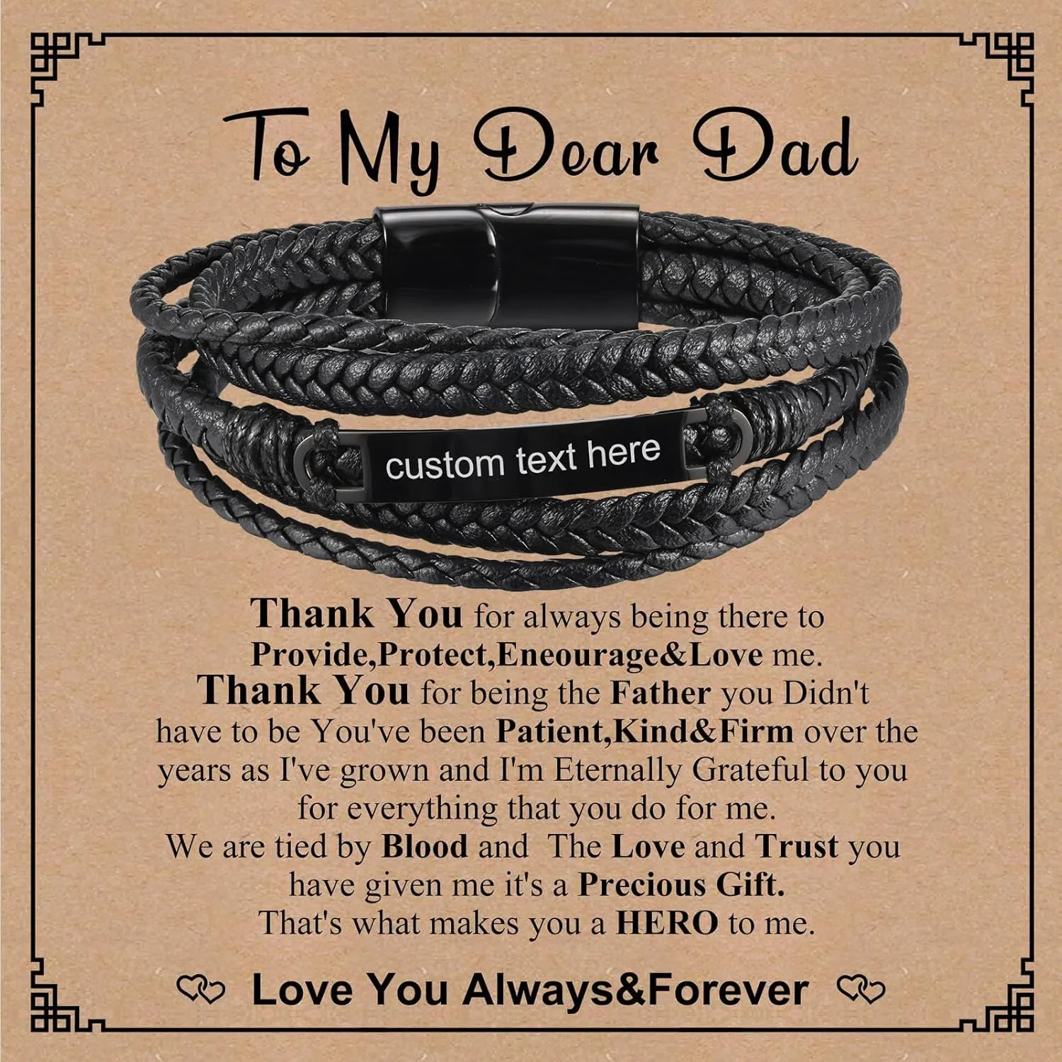 Gamtic Personalized Mens Leather Bracelet - Multi-Layer Braided Black Leather Custom Bracelets with Clasp Stainless Steel Curved Plate Jewelry Gift for Him Dad Husband Boyfriend Brother