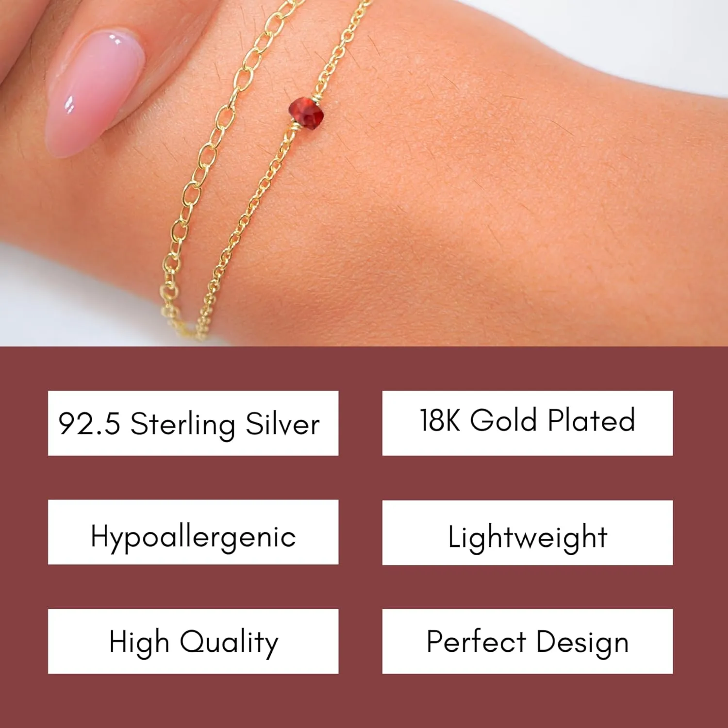 Garnet Bracelet for Women, Certified 925 Sterling Silver with Vermeil 18K Gold Bracelets for Women - Crystals and Healing Stone Layered Bracelet Women Jewelry for Gift