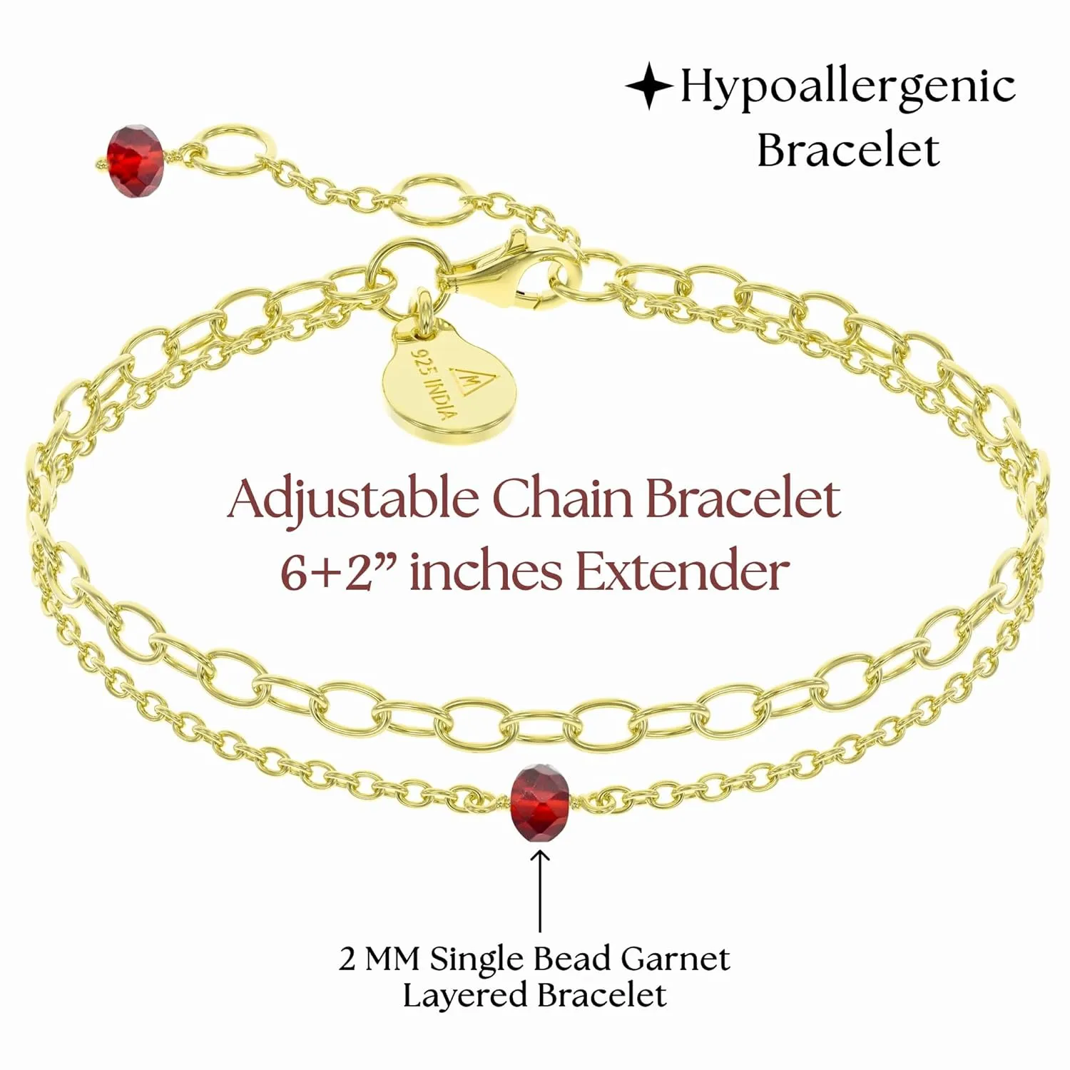 Garnet Bracelet for Women, Certified 925 Sterling Silver with Vermeil 18K Gold Bracelets for Women - Crystals and Healing Stone Layered Bracelet Women Jewelry for Gift