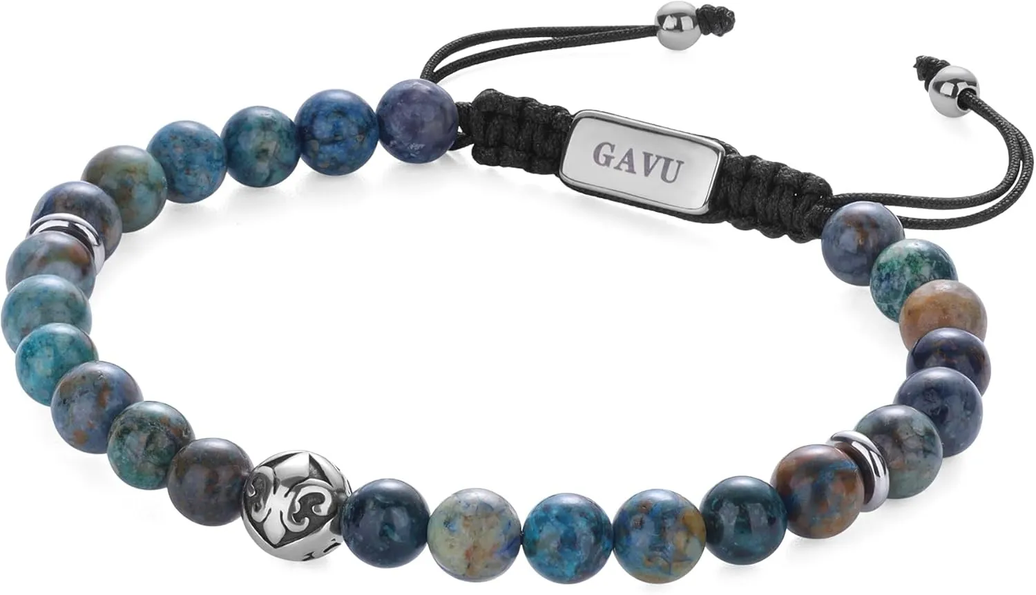 GAVU Beaded Bracelet for Men, Adjustable Crystal Bracelet for Men, 6mm Azurite/Tiger Eye/Lava