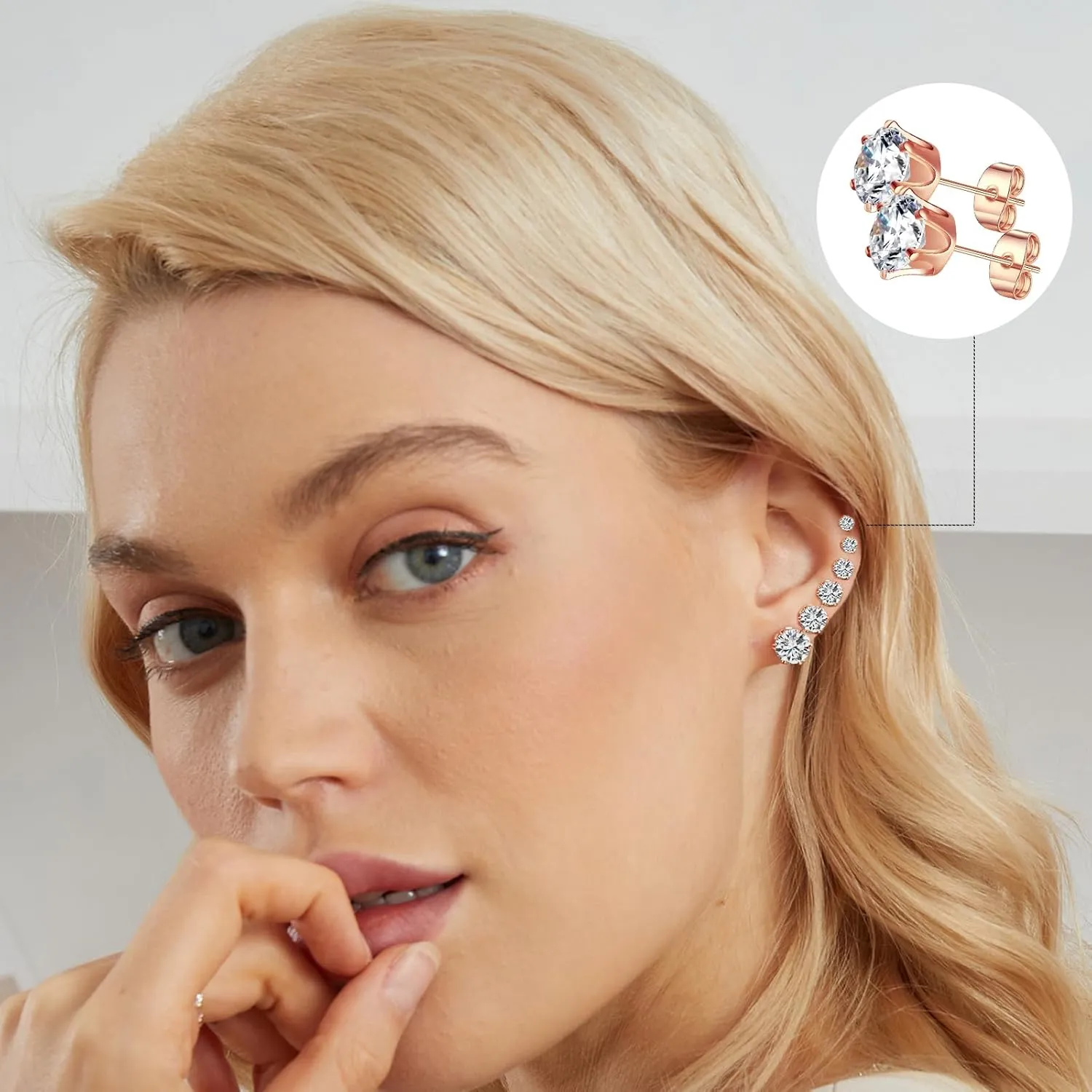 Gemsme 5 Pairs Princess Cut Cubic Zirconia Stud Earrings for Women/Men - 18K Gold Plated Hypoallergenic 3-7mm Square Clear CZ Earring Set