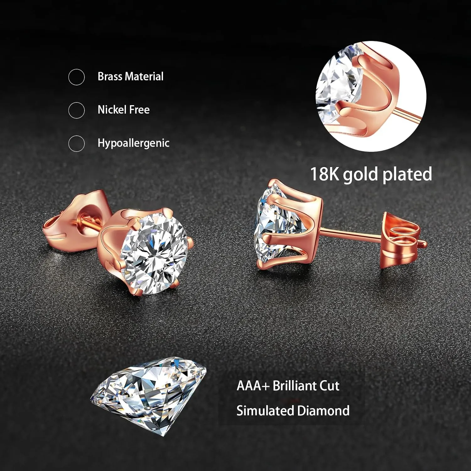 Gemsme 5 Pairs Princess Cut Cubic Zirconia Stud Earrings for Women/Men - 18K Gold Plated Hypoallergenic 3-7mm Square Clear CZ Earring Set