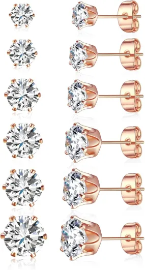 Gemsme 5 Pairs Princess Cut Cubic Zirconia Stud Earrings for Women/Men - 18K Gold Plated Hypoallergenic 3-7mm Square Clear CZ Earring Set