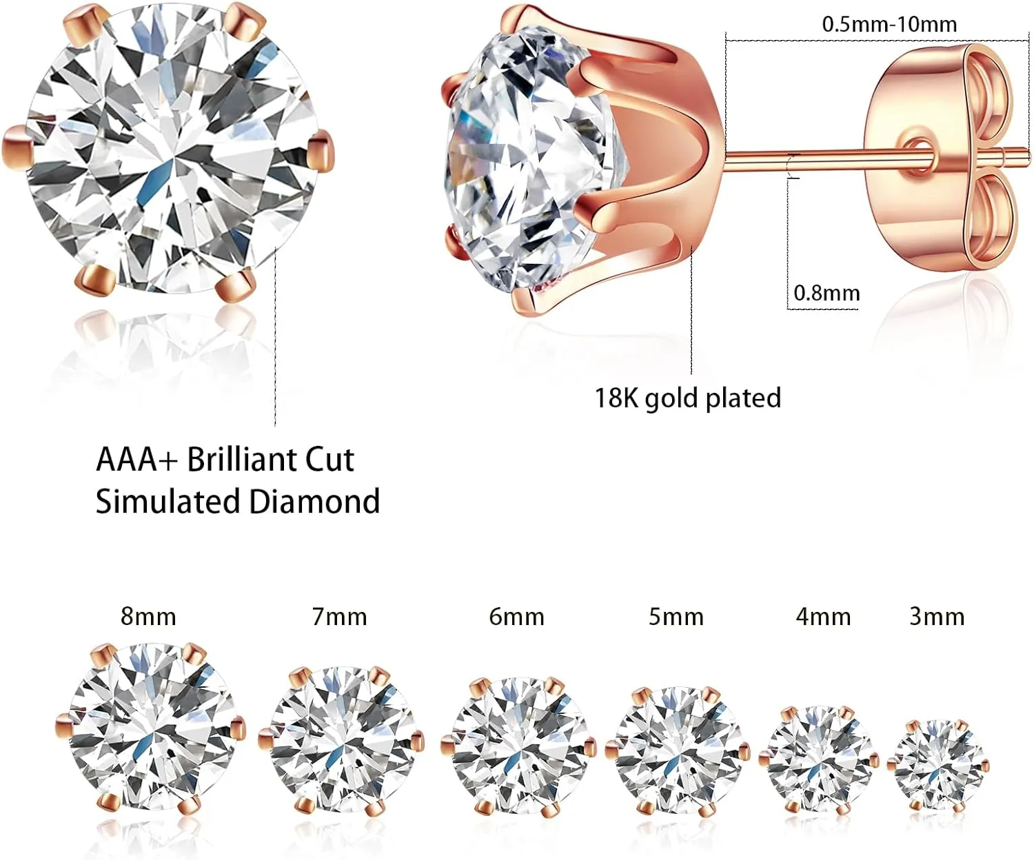 Gemsme 5 Pairs Princess Cut Cubic Zirconia Stud Earrings for Women/Men - 18K Gold Plated Hypoallergenic 3-7mm Square Clear CZ Earring Set