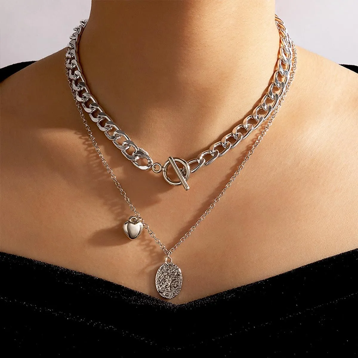 GIGB PBDK Boho Layered Coin Pendant Necklaces Set for Women Fashion Chunky 14k Gold Stackable Necklaces Set Paperclip Cuban Chain Necklace Jewelry Gifts