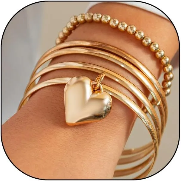 Gold Bangles Bracelets for Women Trendy Chunky Heart Pendant Charm Bracelets Stack 14K Gold Plated Multi Layer Cuff Bangles Beaded Bracelets Sets Dainty Jewelry for Gifts