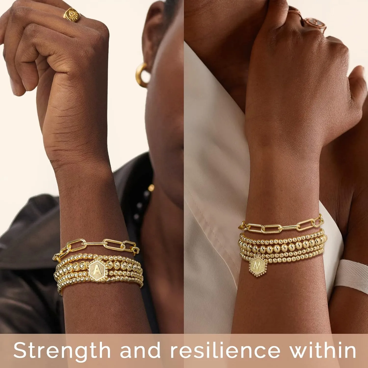 Gold Beaded Bracelet for Women - 14K Real Gold Plated Bead Bracelet Stretchable Elastic Chain Ball Bracelet Kit Jewelry Gifts with Letter Pendant