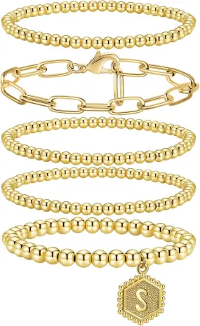 Gold Beaded Bracelet for Women - 14K Real Gold Plated Bead Bracelet Stretchable Elastic Chain Ball Bracelet Kit Jewelry Gifts with Letter Pendant