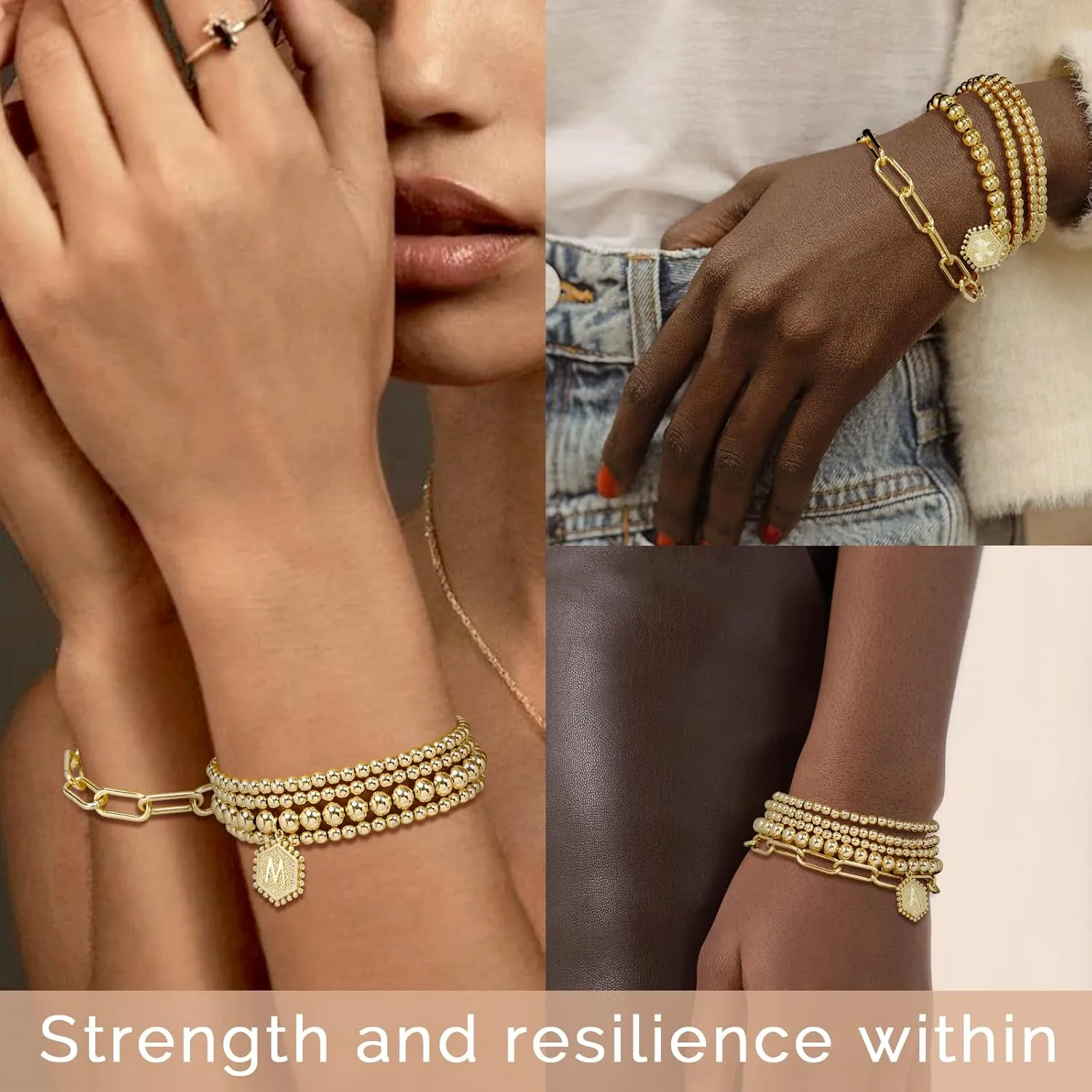 Gold Beaded Bracelet for Women - 14K Real Gold Plated Bead Bracelet Stretchable Elastic Chain Ball Bracelet Kit Jewelry Gifts with Letter Pendant