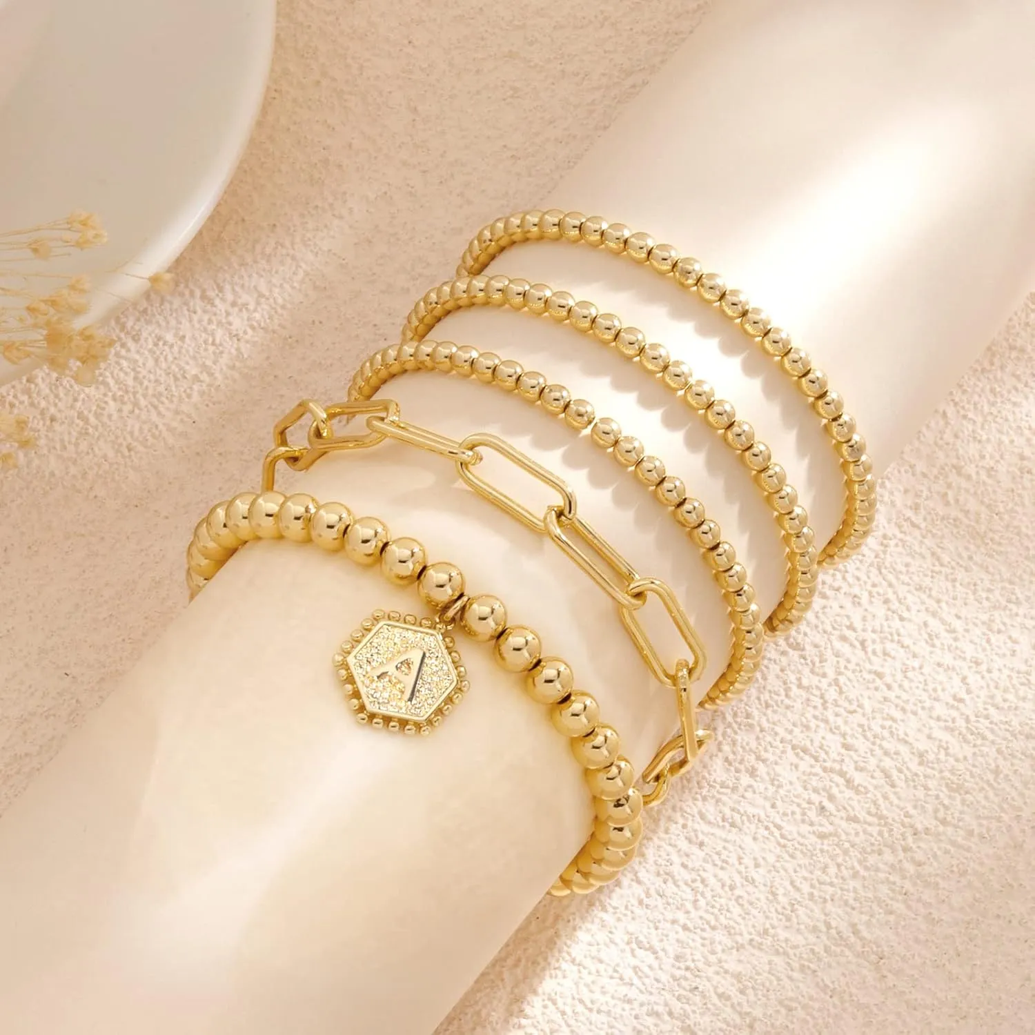 Gold Beaded Bracelet for Women - 14K Real Gold Plated Bead Bracelet Stretchable Elastic Chain Ball Bracelet Kit Jewelry Gifts with Letter Pendant