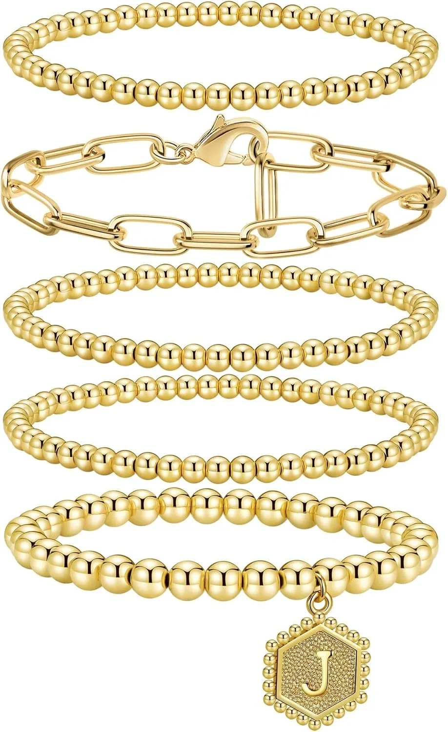 Gold Beaded Bracelet for Women - 14K Real Gold Plated Bead Bracelet Stretchable Elastic Chain Ball Bracelet Kit Jewelry Gifts with Letter Pendant