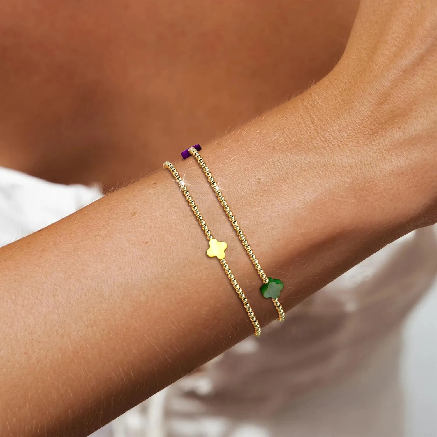 Gold Beaded Bracelets for Women Non Tarnish Dainty Pearl Beaded Bracelet Cross Stack Stretch Bracelets for Women Trendy Gifts 2025 Easter Basket Stuffers
