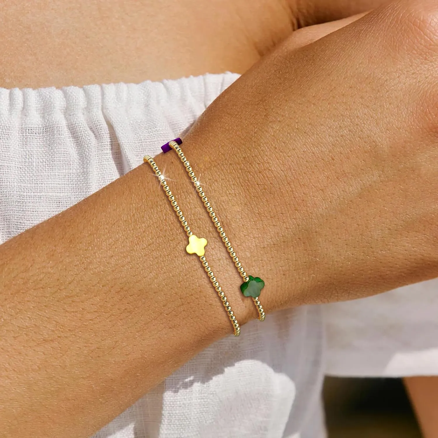 Gold Beaded Bracelets for Women Non Tarnish Dainty Pearl Beaded Bracelet Cross Stack Stretch Bracelets for Women Trendy Gifts 2025 Easter Basket Stuffers