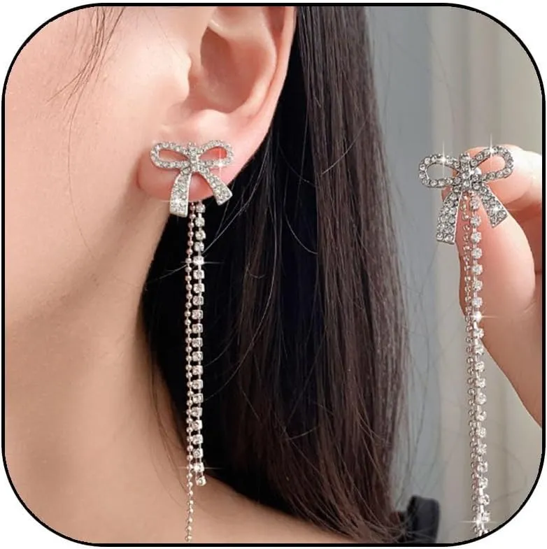 Gold Bow Earrings for Women Trendy Earrings Long Tassel Drop Dangle Statement Earring Wedding Statement Jewelry