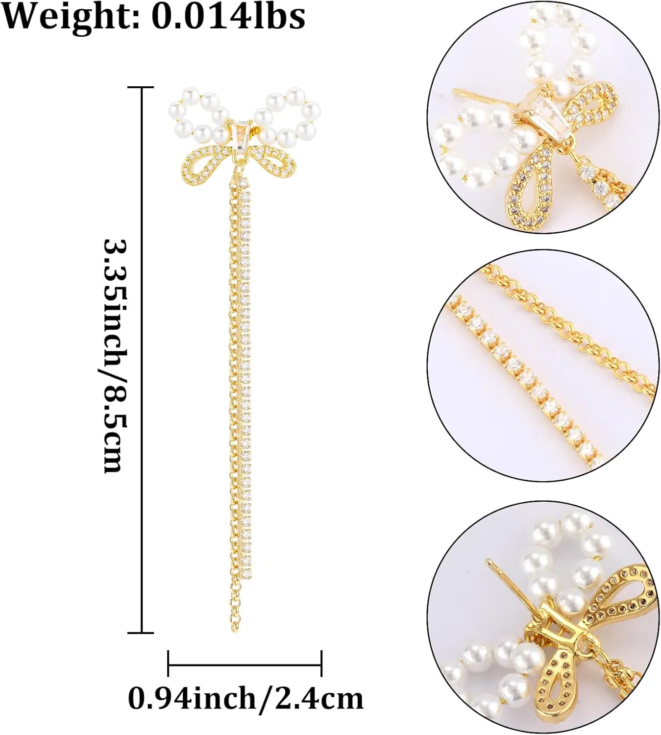 Gold Bow Earrings for Women with Long Tassel Chain Dangle 14K Gold Plated Cubic Zirconia Tassel Pearl Bow Knot Earrings Drop Fringe Chain Bow Tie Ribbon Bowknot Earrings Trendy Party Jewelry Gift