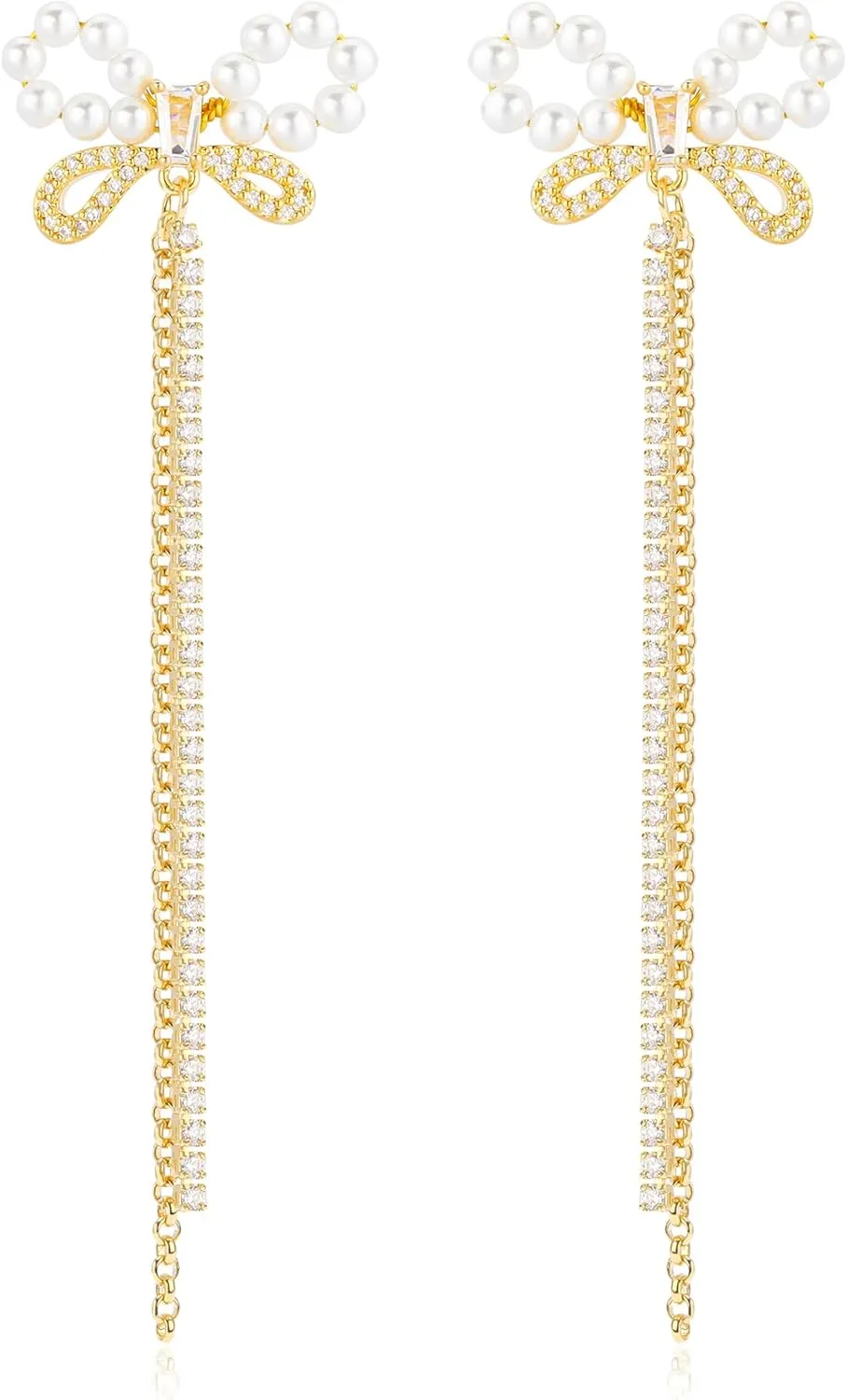 Gold Bow Earrings for Women with Long Tassel Chain Dangle 14K Gold Plated Cubic Zirconia Tassel Pearl Bow Knot Earrings Drop Fringe Chain Bow Tie Ribbon Bowknot Earrings Trendy Party Jewelry Gift