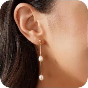 Gold Earrings for Women,Dainty Pearl Earrings 14k Gold Plated Wedding Dangle Earrings for Women Trendy Hypoallergenic Pearl Drop Earrings Bride Pearl Earrings Dangling Gold Wedding Jewelry