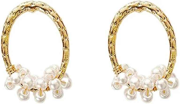 Gold Geometric Drop Dangle Pearl Stud Earrings for Women Hypoallergenic 14k Gold Plated Link Earrings for Women Trendy Jewelry Gift