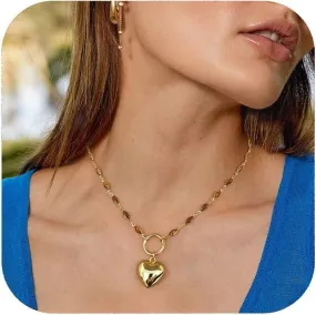 Gold Heart Necklace with Brown Stone Delicate Puffy Heart Pendant Love Choker Necklace Jewelry Valentine Gifts for Women