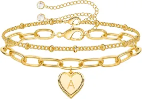 Gold Initial Bracelet,18k Real Gold Plated Heart Charm Bracelet,Dainty Adjustable Paperclip Bracelet Simple Thin Letter Link Bracelet,Perfect Jewellery Gift for Girl Birthday,Christmas,Valentine's Day