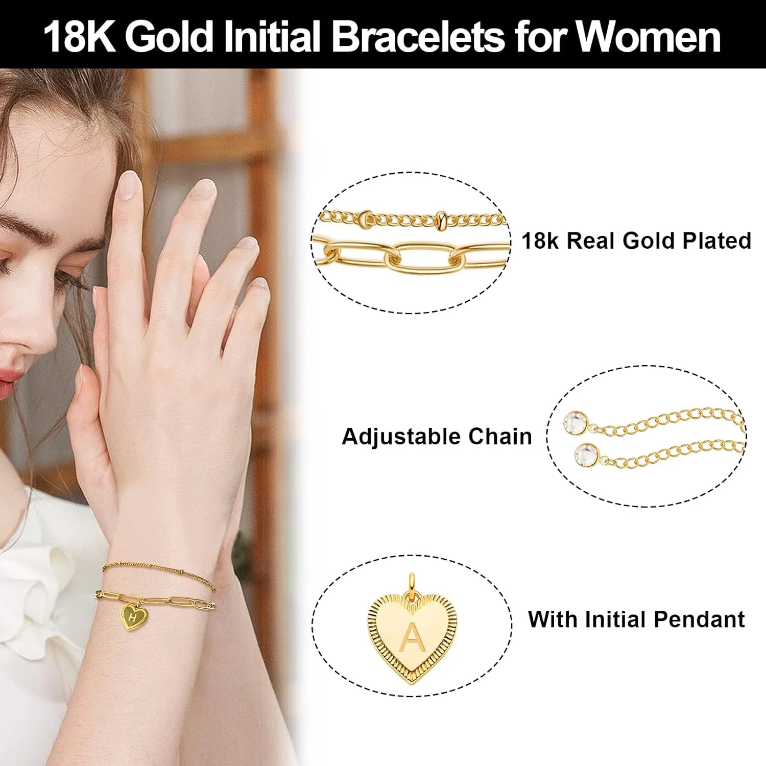 Gold Initial Bracelet,18k Real Gold Plated Heart Charm Bracelet,Dainty Adjustable Paperclip Bracelet Simple Thin Letter Link Bracelet,Perfect Jewellery Gift for Girl Birthday,Christmas,Valentine's Day